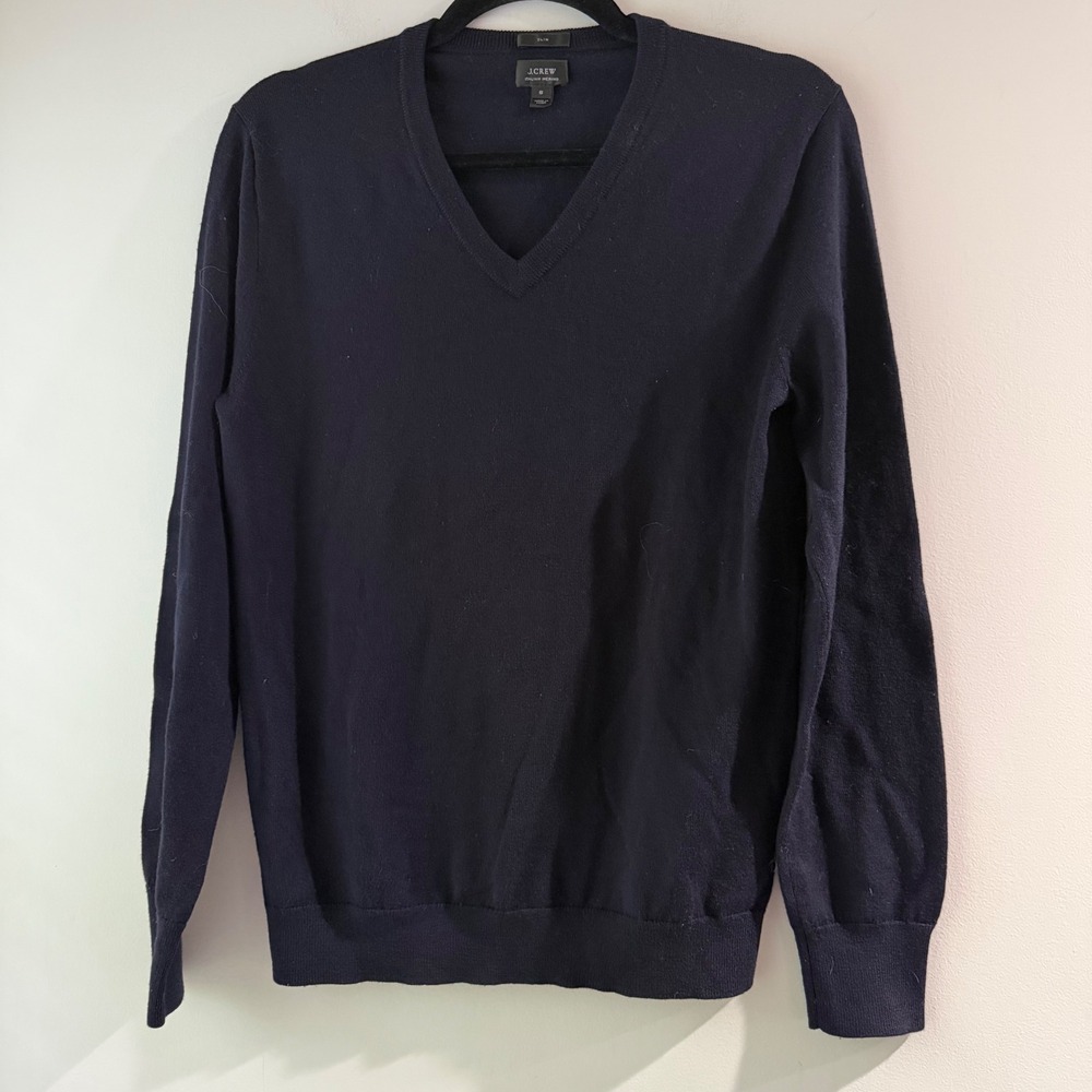 J.Crew V-Neck Sweater Mens S Navy‎ Blue Excellent Italian Merino Wool Slim Fit